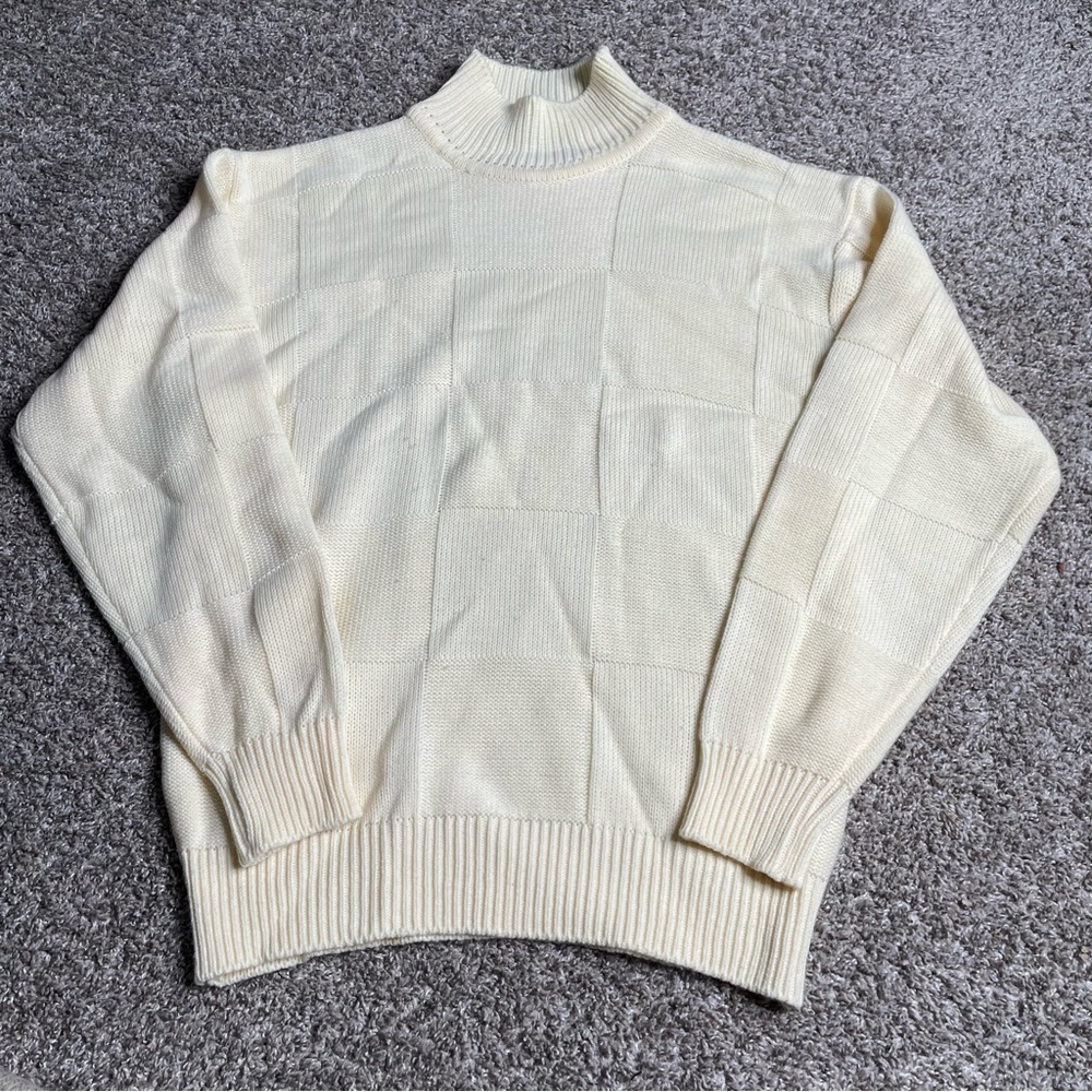 Vtg Sweater Mens Large Cream Turtleneck Chunky Fisherman Knit Patchwork 90s Y2K